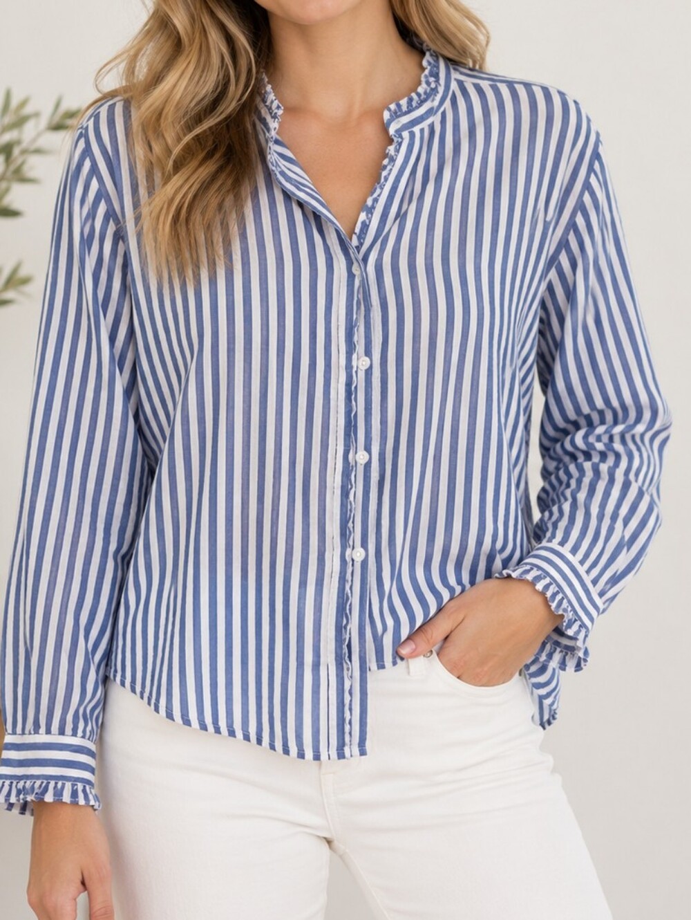BeachLunchLounge Blue White Striped Ruffle Button Down Blouse L
